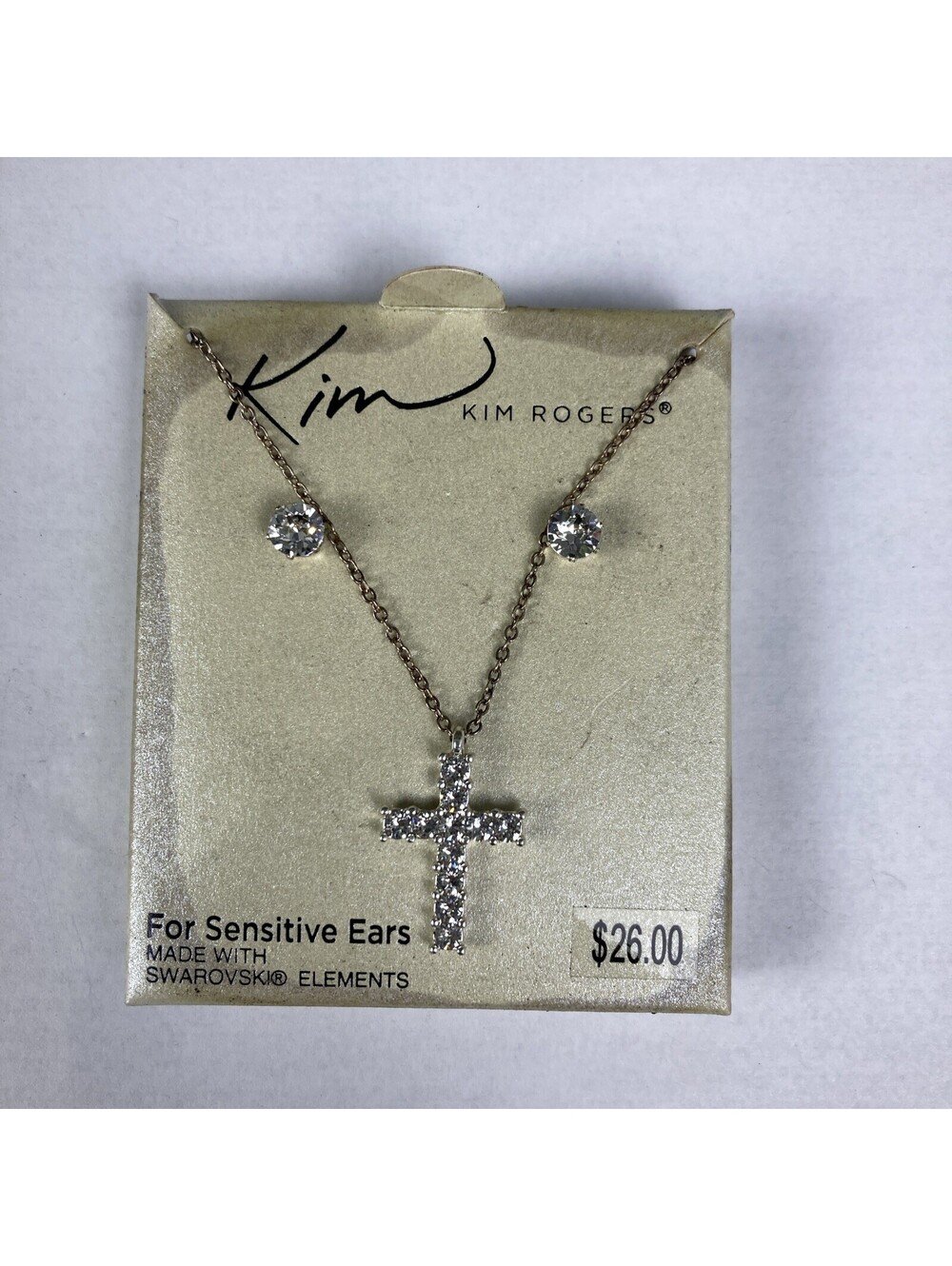 Kim Rogers Rhinestone Swarovski Cross Necklace & Pierced Stud Earrings Set NEW!